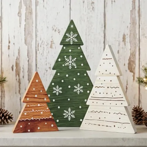 Christmas Decor 3-Piece Wooden Tabletop Christmas Trees