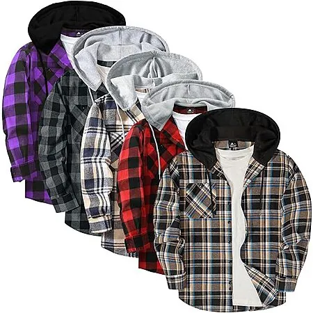 5-Pk ZITY Men's Long Sleeve Plaid Flannel Hoodie Shirts (Various)