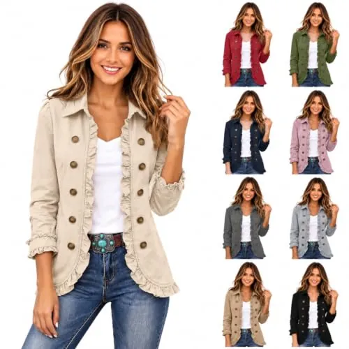 Women Ruffle Trim Open Front Collared Denim Jacket