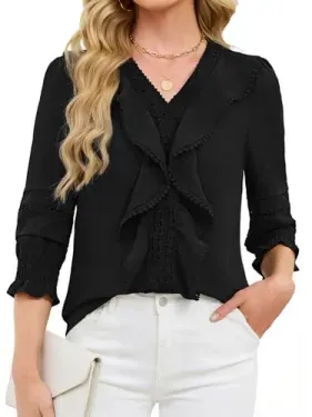 Funlingo Women's 3/4 Length Sleeve Ruffle V Neck Lace Top w/ Smocked Cuffs