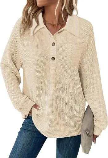 Balivsa Womens Waffle Knit V-Neck Long Sleeve T-shirts Button Down with Pockets Tunic