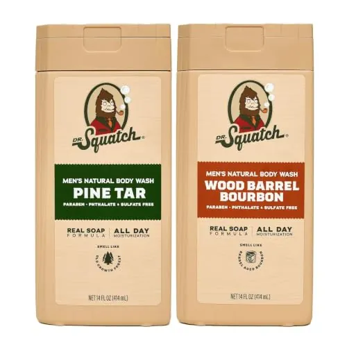Dr. Squatch Natural Men's Body Wash Shower Gel Pine Tar + Wood Barrel Bourbon (14 oz, 2-Pack)