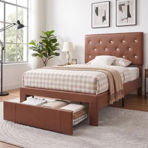 VECELO Twin Size Bed Frame with Storage Drawers, PU & Brown
