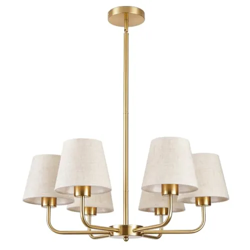 Farmhouse Chandelier, 6-Light Gold Chandelier with beige Fabric Shades