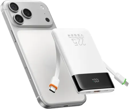VEGER 10000mAh 0.4lb Fast Charging Portable Charger w/ Built-in Cables