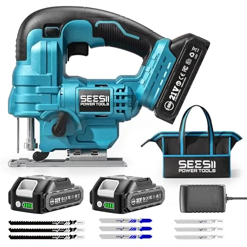 Seesii Cordless Jigsaw w/ 2x 2.0Ah Batteries, Charger, 9 Blades & Storage Bag