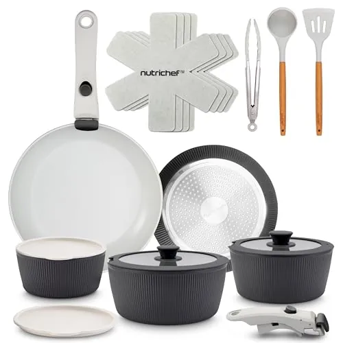NutriChef 18-Piece Ceramic Cookware Set with Detachable Handles