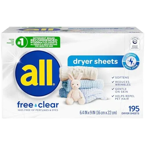 All Free Clear Fabric Softener Dryer Sheets for Sensitive Skin 195-Sheets