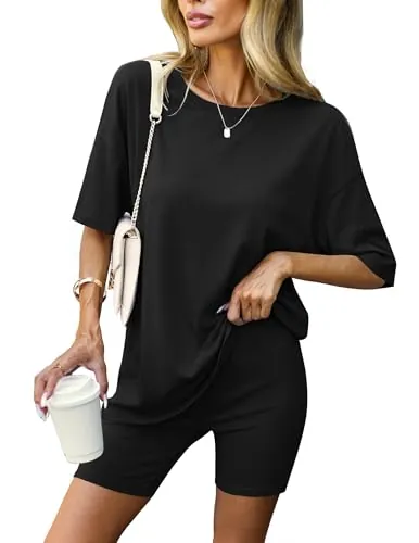 Ekouaer Women's Oversized Short Sleeve Lounge Set w/ Biker Shorts 2-Piece