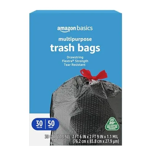 Amazon Basics 30 Gallon Flextra Strength Multipurpose Drawstring Trash Bags