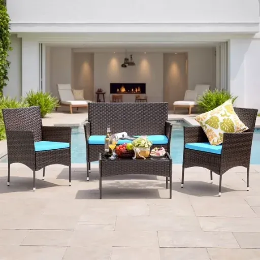 4-Piece Lacoo Outdoor PE Rattan Wicker Patio Furniture Set w/ Loveseat, 2 Chairs and Table