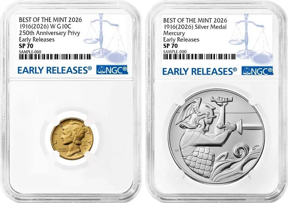 2026-W 1916 Gold Mercury Dime & Silver Medal 2pc Set NGC SP70 ER Blue Label