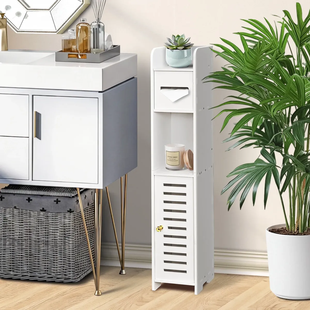 Vaparinckl Toilet Paper Holder Stand with Door & Shelves
