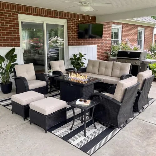 LayinSun 10 Pieces Outdoor Patio Furniture Set with Fire Pit Table