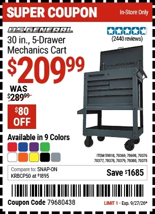 U.S. GENERAL 30 in. 5-Drawer Mechanics Cart