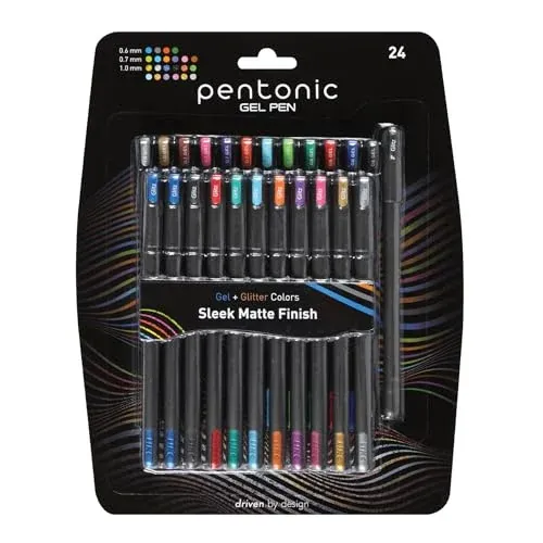 Pentonic Gel Pens, 24 Count, Mixed Pack (12 Assorted Color Pens, 12 Glitter Pens)