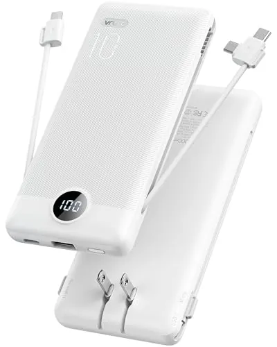 VRURC 10,000mAh Portable Charger w/ Built-In Cables & Wall Plug