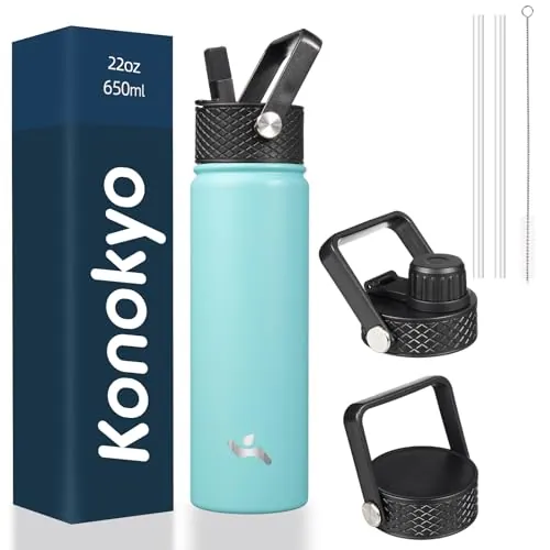 Konokyo 22oz Insulated Stainless Steel Water Bottle with Straw & 3 Lids