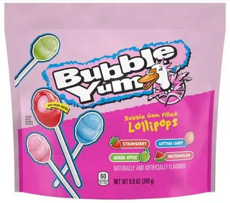 8.8oz BUBBLE YUM Assorted Bubble Gum Filled Lollipops