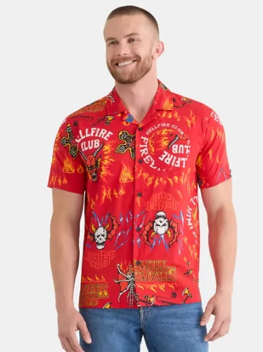 Netflix Stranger Things Men's and Big Men's 100% Cotton Poplin Short Sleeve Hellfire Club Print Button-Up Shirt (Sizes XS-3XL)