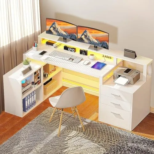 DWVO 65" L-Shaped Desk w/ Built-in Power Strip, Drawers & Shelves