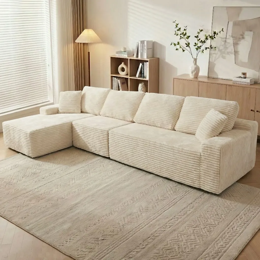 KeepCharm Modern Compression Corduroy L-Shaped Sectional Sofa w/ Chaise