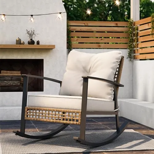 LAUSAINT HOME Oversized Outdoor Wicker Rocking Chair 1-Piece (Beige)
