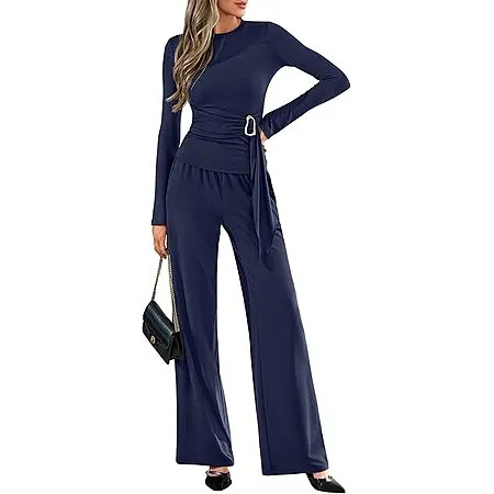2-pc BTFBM Women's Knit Belted Top & Wide-Leg Pants Set w/ Pockets