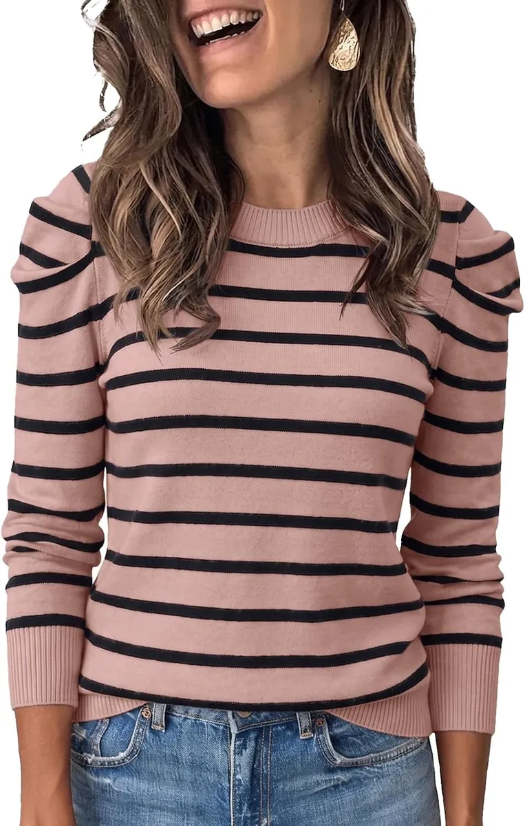 UNCLECAT Striped Puff Sleeve Sweater
