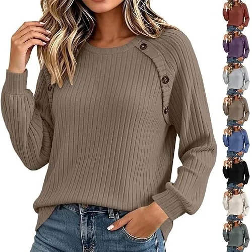 Raglan Button Shoulder Stretch Rib Knit Pullover