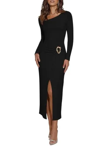 REORIA Long Sleeve Ruched Wrap Midi Dress