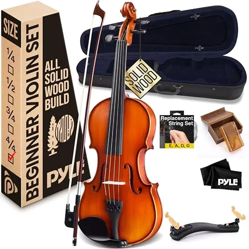 Pyle Solid Wood 4/4 Full Size Violin Fiddle Set