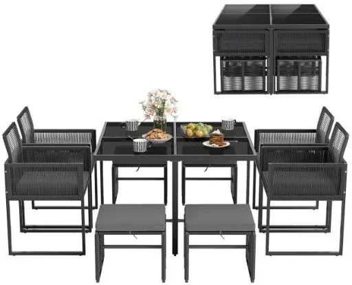 Costway 9 Piece Patio Dining Set with 4 Cushioned Seats, 4 Stools, and Tempered Glass Table