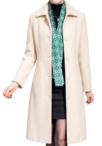Jenkoon Women's Long Faux Wool Pea Coat with Button Closure & Pockets (XS-XL)