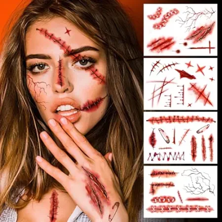 Cerlaza Halloween Zombie Fake Scar Temporary Tattoos