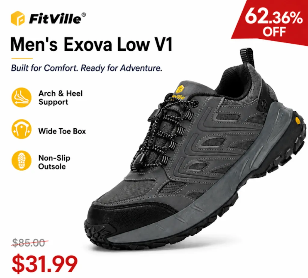 FitVille Men's Exova Low V1 Hiking Shoes