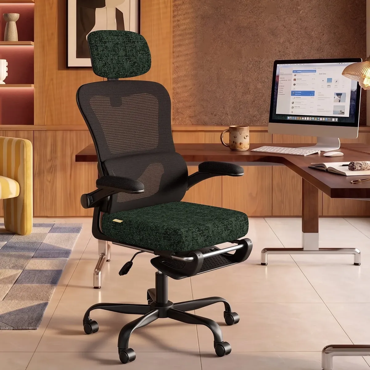 Pinmoco Ergonomic Office Chair w/ Footrest, Flip-up Arms & Lumbar Support