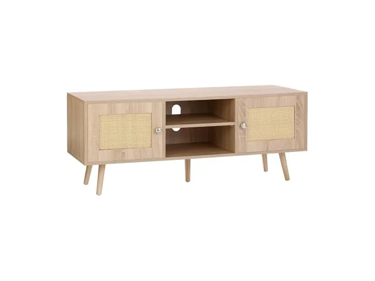 VEVOR 47" Rattan TV Stand for 65" TVs w/ Built-In Socket, USB Ports & Adjustable Shelf (Oak)