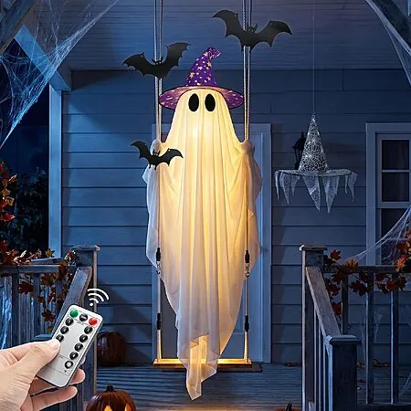 5' Sehloran Hanging Swinging Halloween Ghost w/ Bats & Witch Hat
