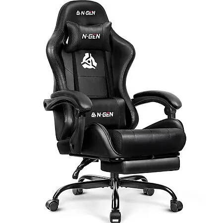 N-GEN GAMING High Back Gaming Chair w/ Footrest (Black)