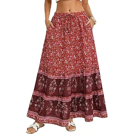 Kate Kasin Women's Floral Maxi Skirt w/ Pockets (Red)