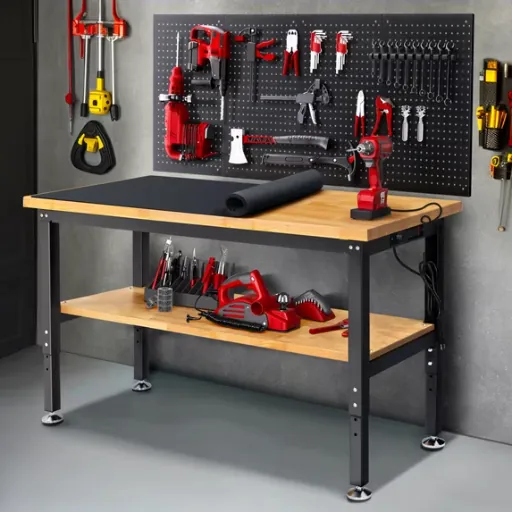Workbench for Garage Heavy-Duty 60 inch 2 Tier with Storage Pegboards, Rubber Mat, Power Outlets, 2K lb weightbearing