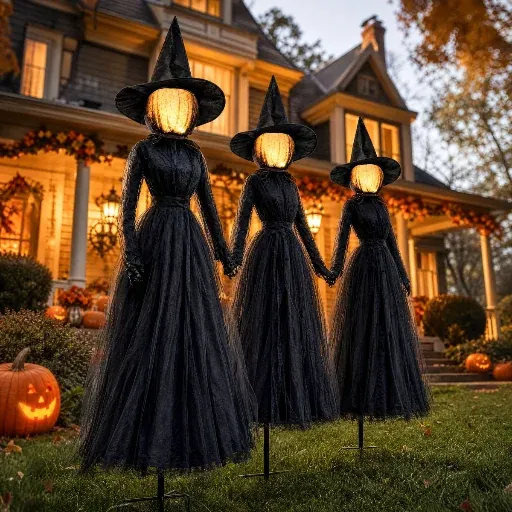 6 FT Three Lighted Holding Hands Witches Stakes with Glowing Faces