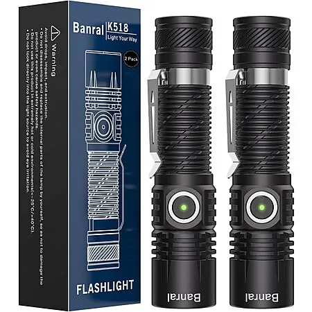 2-Pk Banral K518 USB-C Rechargeable Mini EDC Pocket LED Flashlight (Black)