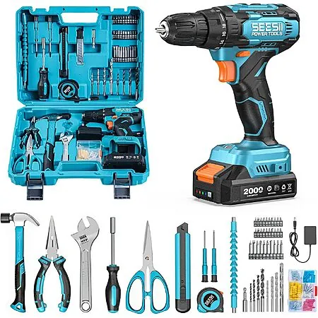 SEESII 20V Cordless Drill & Home Tool Kit w/ 2000mAh Battery & Charger