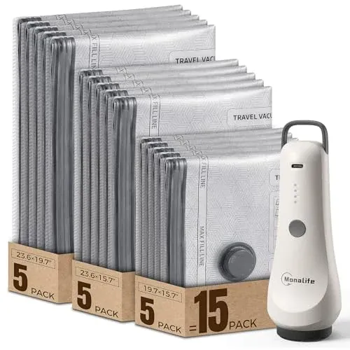 Travel Vacuum Bags with Electric Pump, 15-Pack