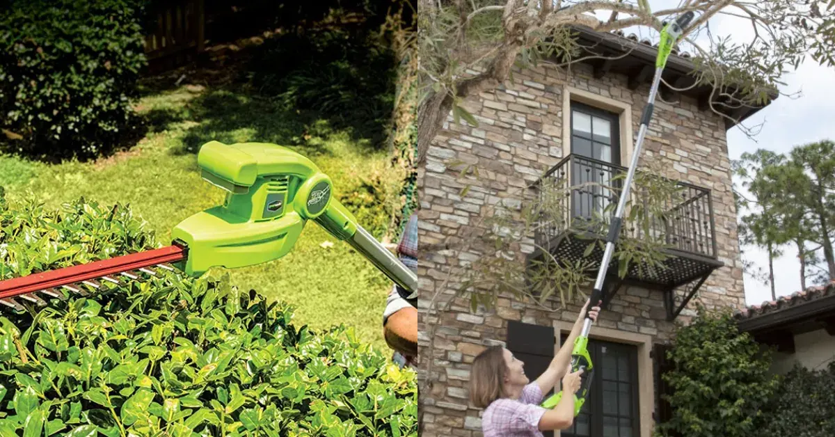 Greenworks 40V 8-inch Cordless Electric Pole Saw with a Hedge Trimmer attachement