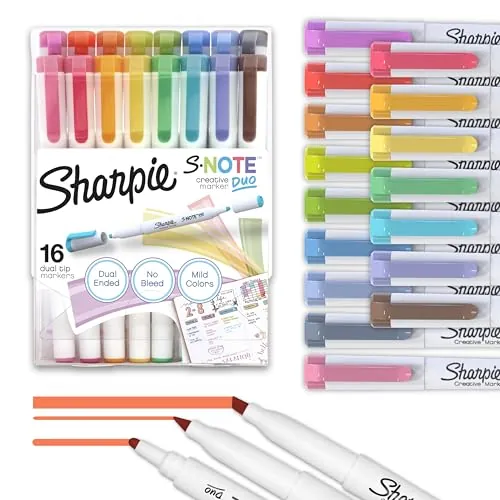 Sharpie S-Note Duo Dual-Tip Creative Highlighters 16-Count w/ Stand-Up Easel (Assorted Mild Colors)