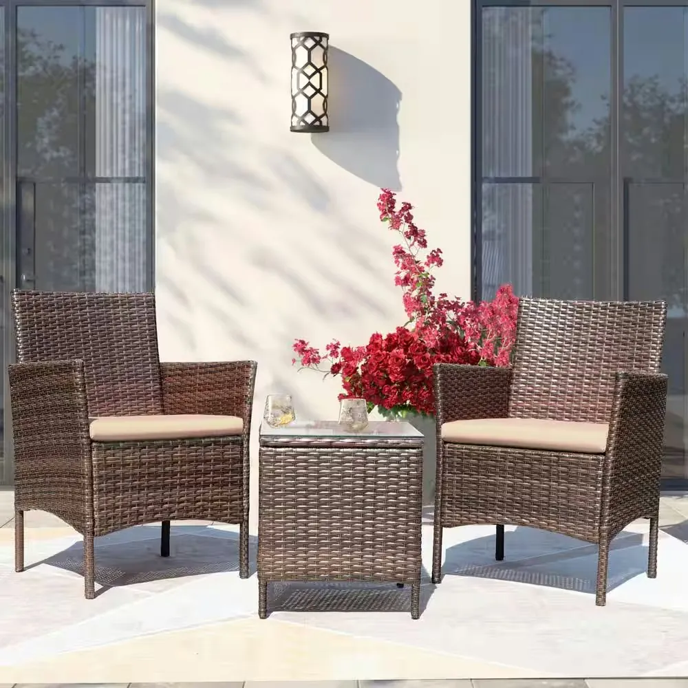 Tozey Brown 3-Piece PE Rattan Outdoor Conversation Set w/ Table