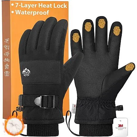 Pixel Panda Waterproof Winter Snow Gloves w/ 3M Thinsulate (Black)